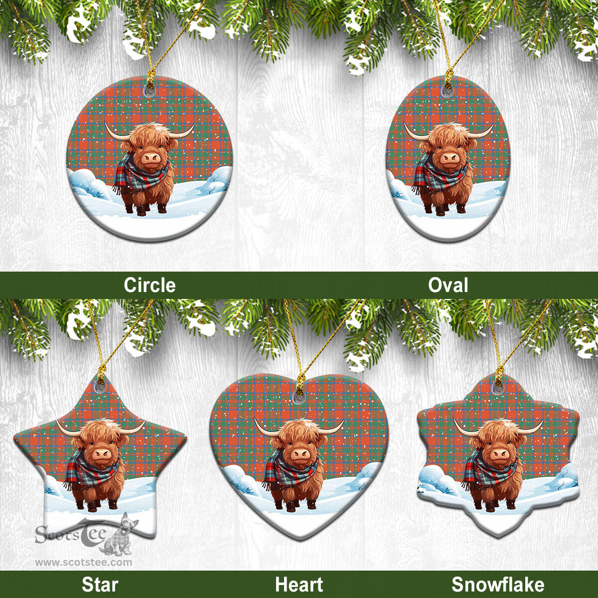 Scottish McKintosh Ancient Tartan Christmas Ceramic Ornament - Highland Cows Snow Style - Tartan Christmas Ornaments Scottish Plaid Tartan Plaid - ScotsTee - scotstee.com
