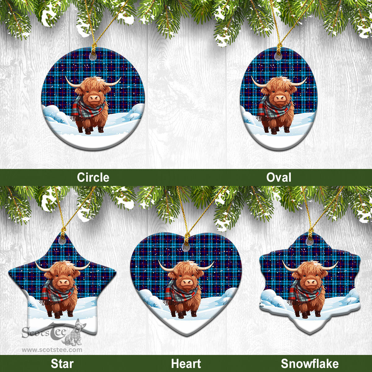 Scottish McCorquodale Tartan Christmas Ceramic Ornament - Highland Cows Snow Style - Tartan Christmas Ornaments Scottish Plaid Tartan Plaid - ScotsTee - scotstee.com