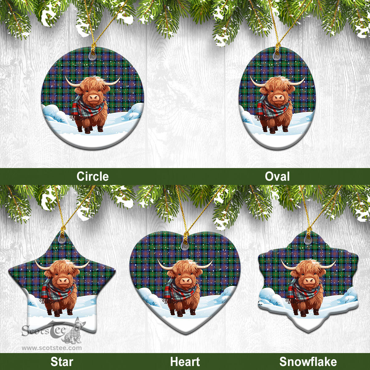 Scottish McLennan Ancient Tartan Christmas Ceramic Ornament - Highland Cows Snow Style - Tartan Christmas Ornaments Scottish Plaid Tartan Plaid - ScotsTee - scotstee.com
