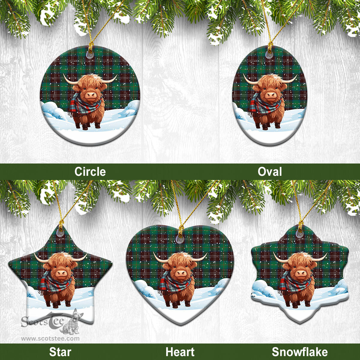 Scottish Chisholm Hunting Ancient Tartan Christmas Ceramic Ornament - Highland Cows Snow Style - Tartan Christmas Ornaments Scottish Plaid Tartan Plaid - ScotsTee - scotstee.com
