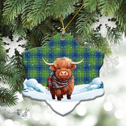 Scottish Johnson Ancient Tartan Christmas Ceramic Ornament - Highland Cows Snow Style - Tartan Christmas Ornaments Scottish Plaid Tartan Plaid - ScotsTee - scotstee.com