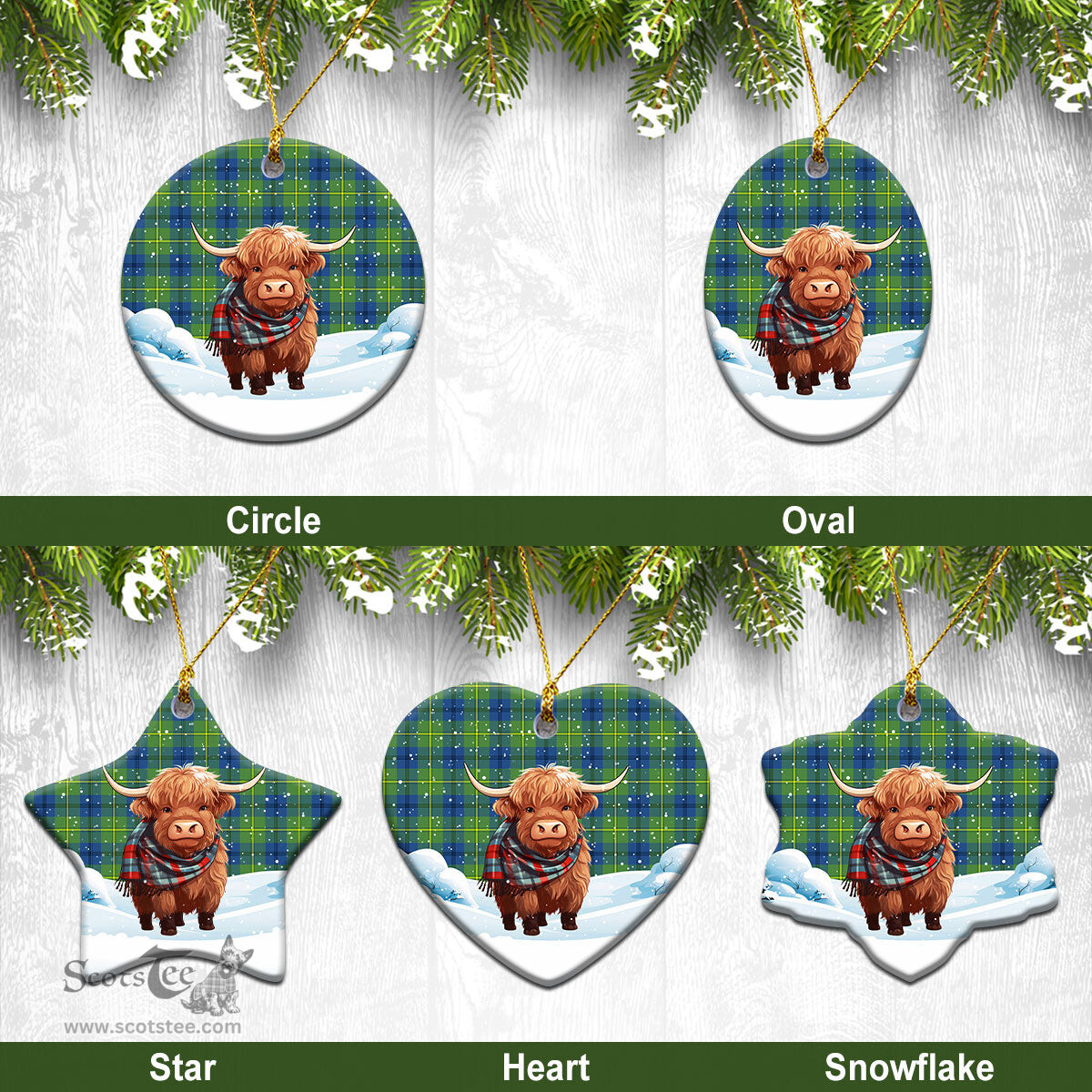 Scottish Johnson Ancient Tartan Christmas Ceramic Ornament - Highland Cows Snow Style - Tartan Christmas Ornaments Scottish Plaid Tartan Plaid - ScotsTee - scotstee.com
