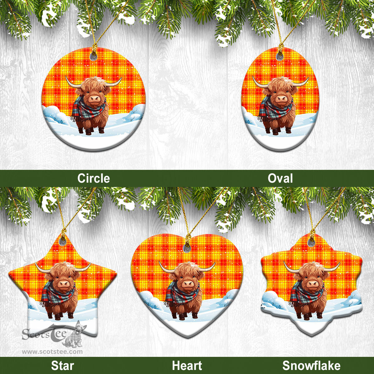 Scottish MacMillan Clan Tartan Christmas Ceramic Ornament - Highland Cows Snow Style - Tartan Christmas Ornaments Scottish Plaid Tartan Plaid - ScotsTee - scotstee.com