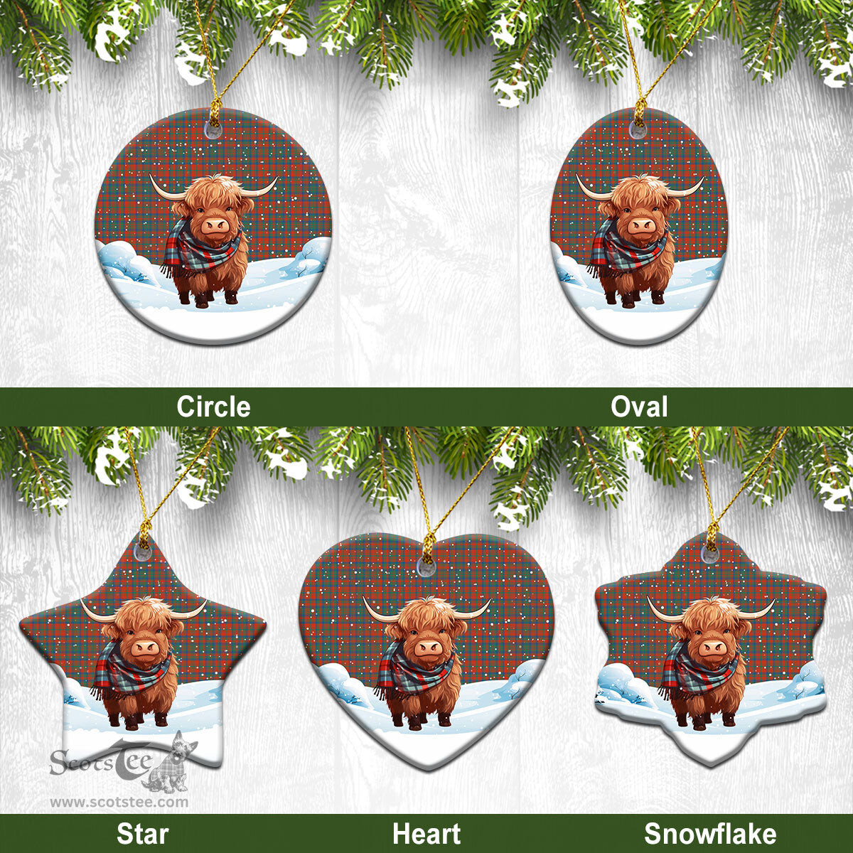 Scottish Matheson Ancient Tartan Christmas Ceramic Ornament - Highland Cows Snow Style - Tartan Christmas Ornaments Scottish Plaid Tartan Plaid - ScotsTee - scotstee.com