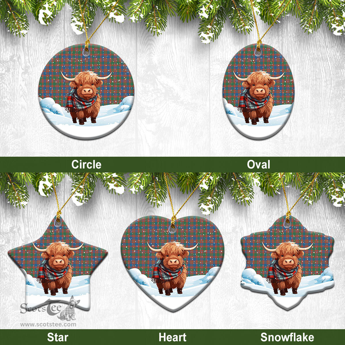 Scottish McIntyre Ancient Tartan Christmas Ceramic Ornament - Highland Cows Snow Style - Tartan Christmas Ornaments Scottish Plaid Tartan Plaid - ScotsTee - scotstee.com