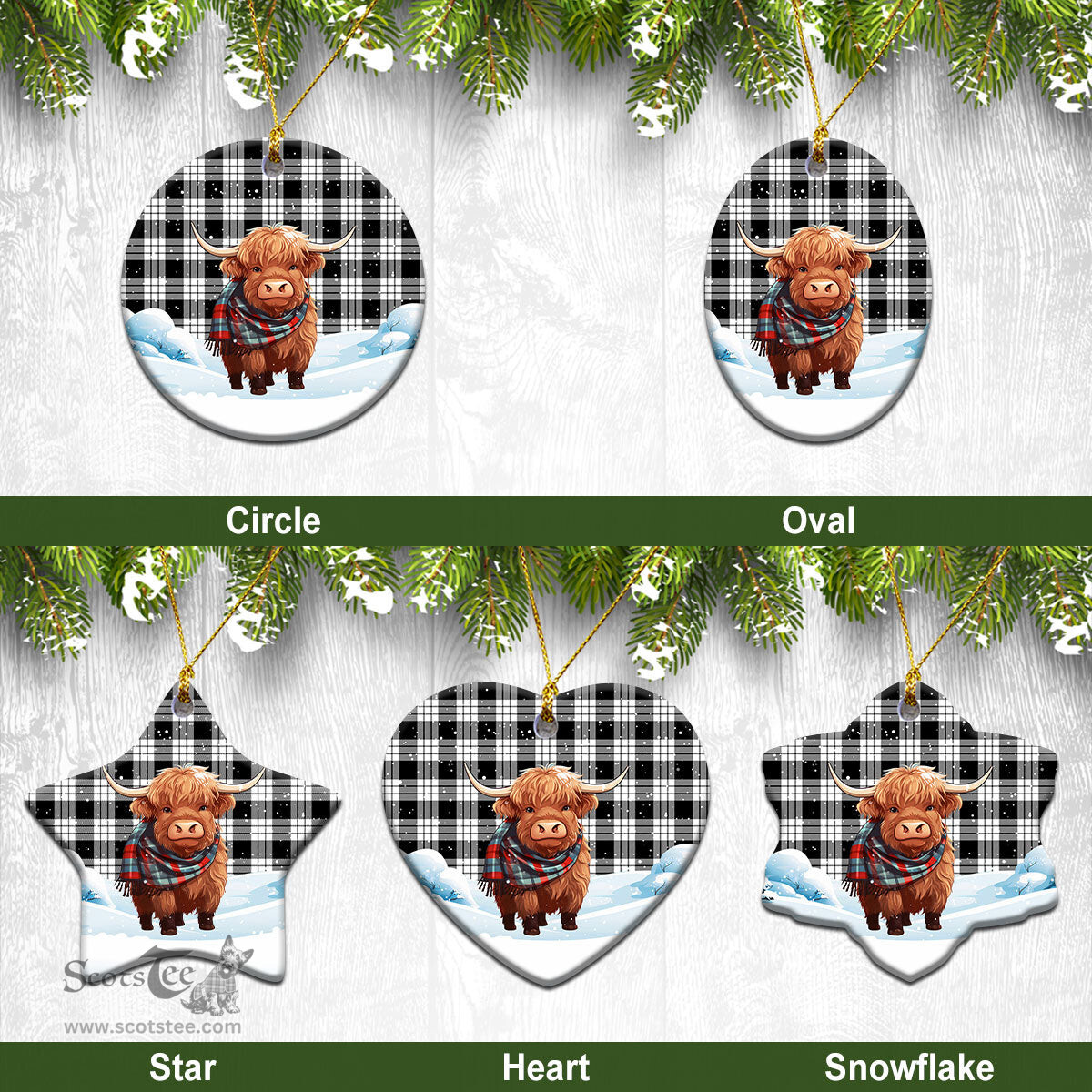 Scottish MacFarlane Black _ White Tartan Christmas Ceramic Ornament - Highland Cows Snow Style - Tartan Christmas Ornaments Scottish Plaid Tartan Plaid - ScotsTee - scotstee.com