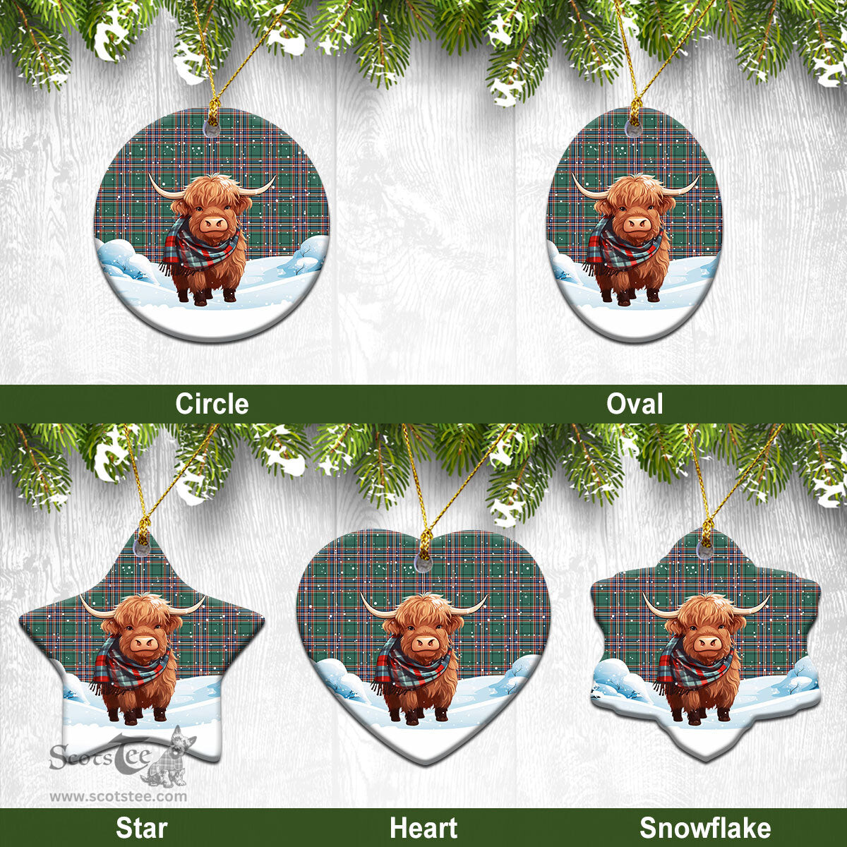 Scottish MacFarlane Hunting Ancient Tartan Christmas Ceramic Ornament - Highland Cows Snow Style - Tartan Christmas Ornaments Scottish Plaid Tartan Plaid - ScotsTee - scotstee.com