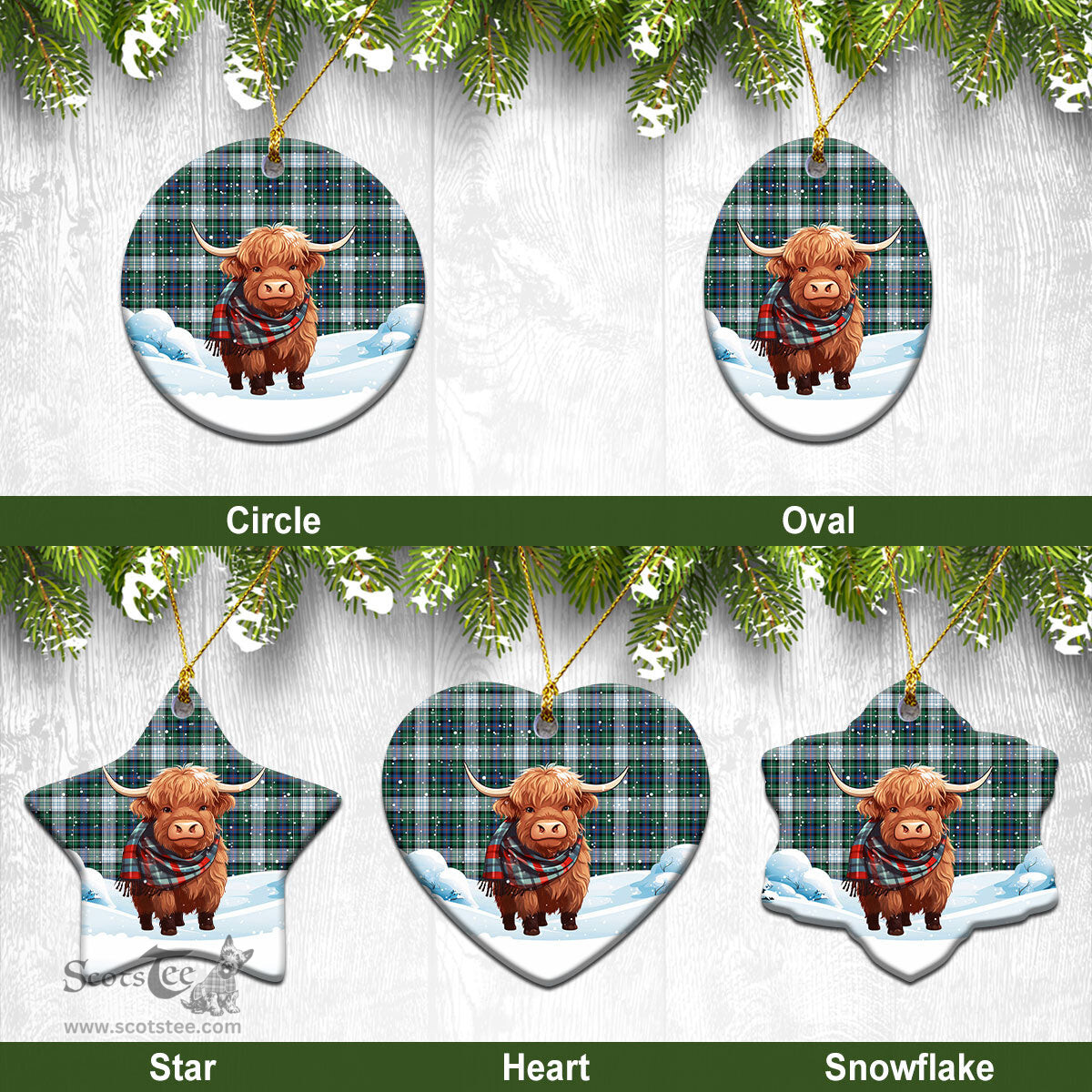 Scottish McKenzie Dress Ancient Tartan Christmas Ceramic Ornament - Highland Cows Snow Style - Tartan Christmas Ornaments Scottish Plaid Tartan Plaid - ScotsTee - scotstee.com