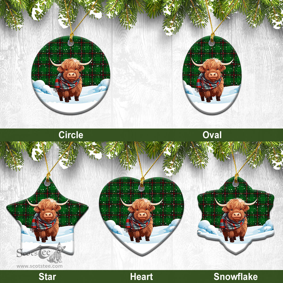 Scottish Lundin Tartan Christmas Ceramic Ornament - Highland Cows Snow Style - Tartan Christmas Ornaments Scottish Plaid Tartan Plaid - ScotsTee - scotstee.com