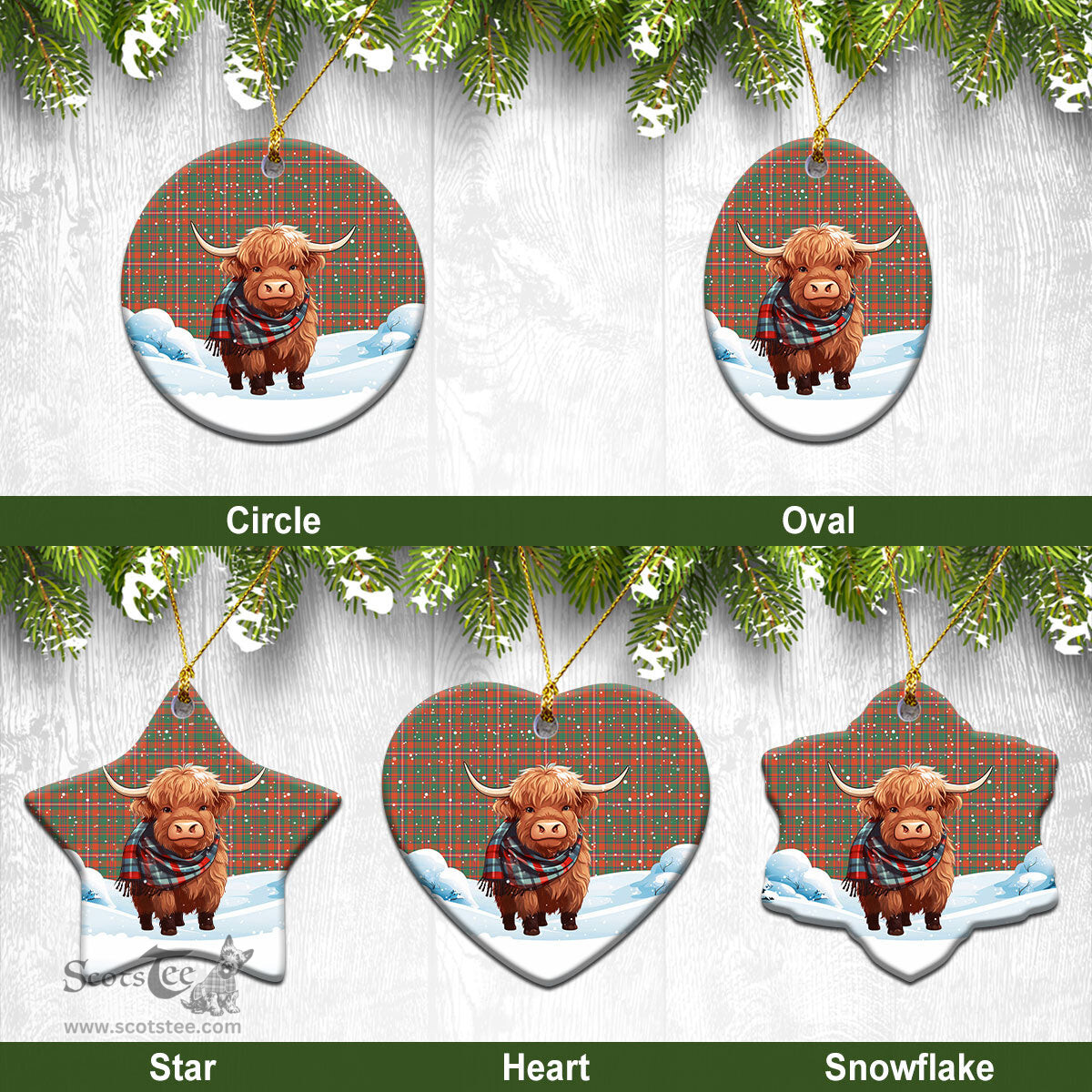 Scottish MacKinnon Ancient Tartan Christmas Ceramic Ornament - Highland Cows Snow Style - Tartan Christmas Ornaments Scottish Plaid Tartan Plaid - ScotsTee - scotstee.com
