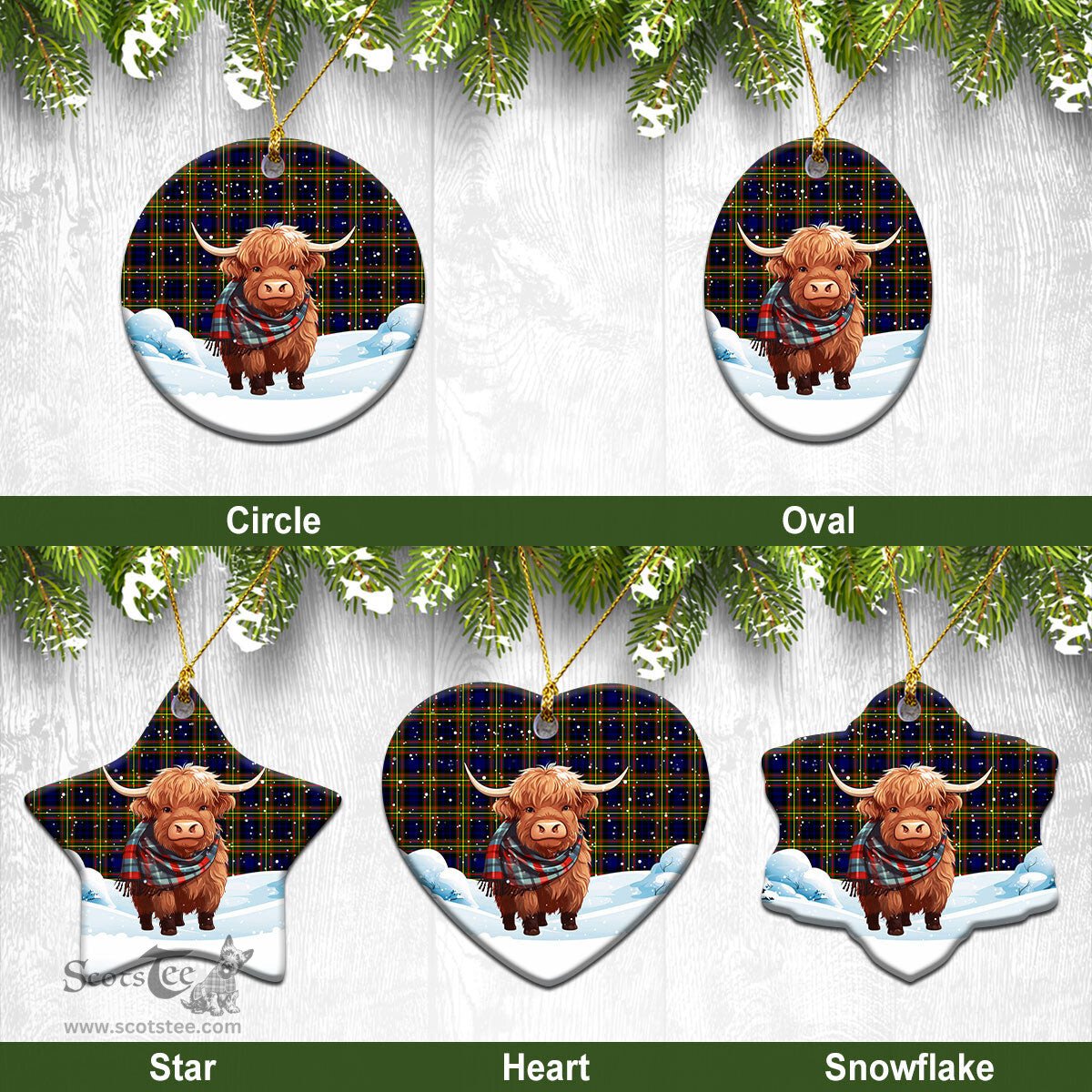 Scottish McLellan Modern Tartan Christmas Ceramic Ornament - Highland Cows Snow Style - Tartan Christmas Ornaments Scottish Plaid Tartan Plaid - ScotsTee - scotstee.com