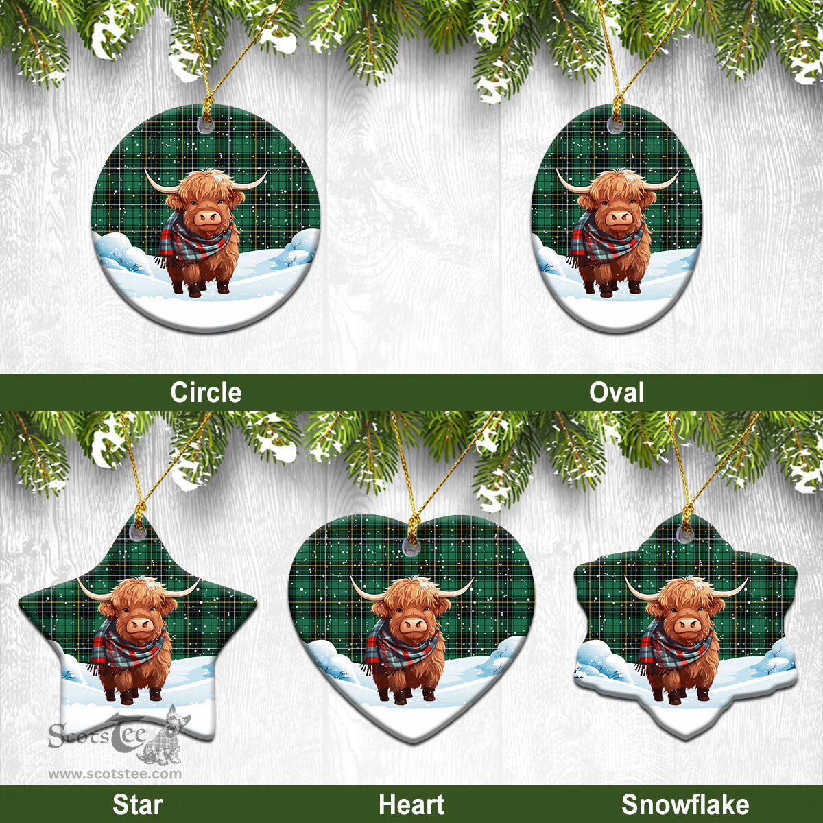 Scottish McAlpine Ancient Tartan Christmas Ceramic Ornament - Highland Cows Snow Style - Tartan Christmas Ornaments Scottish Plaid Tartan Plaid - ScotsTee - scotstee.com