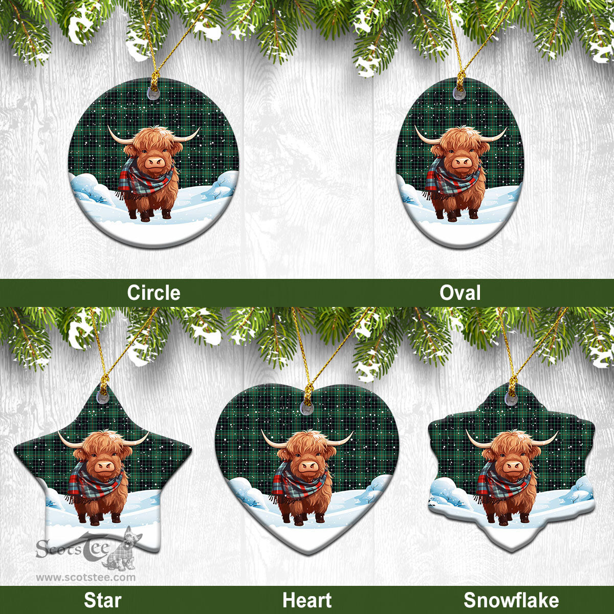 Scottish MacAulay Hunting Ancient Tartan Christmas Ceramic Ornament - Highland Cows Snow Style - Tartan Christmas Ornaments Scottish Plaid Tartan Plaid - ScotsTee - scotstee.com