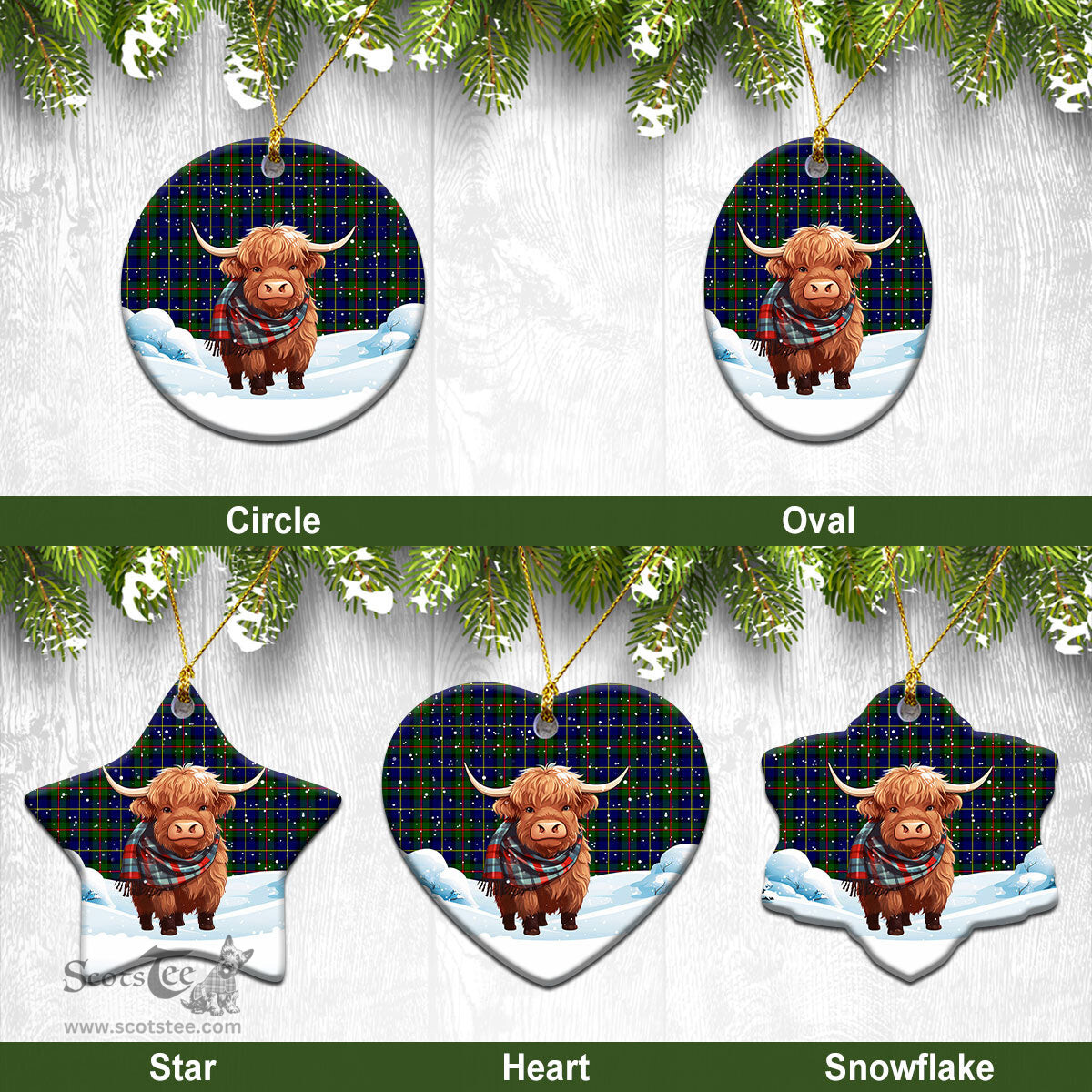Scottish McLeod of Harris Modern Tartan Christmas Ceramic Ornament - Highland Cows Snow Style - Tartan Christmas Ornaments Scottish Plaid Tartan Plaid - ScotsTee - scotstee.com