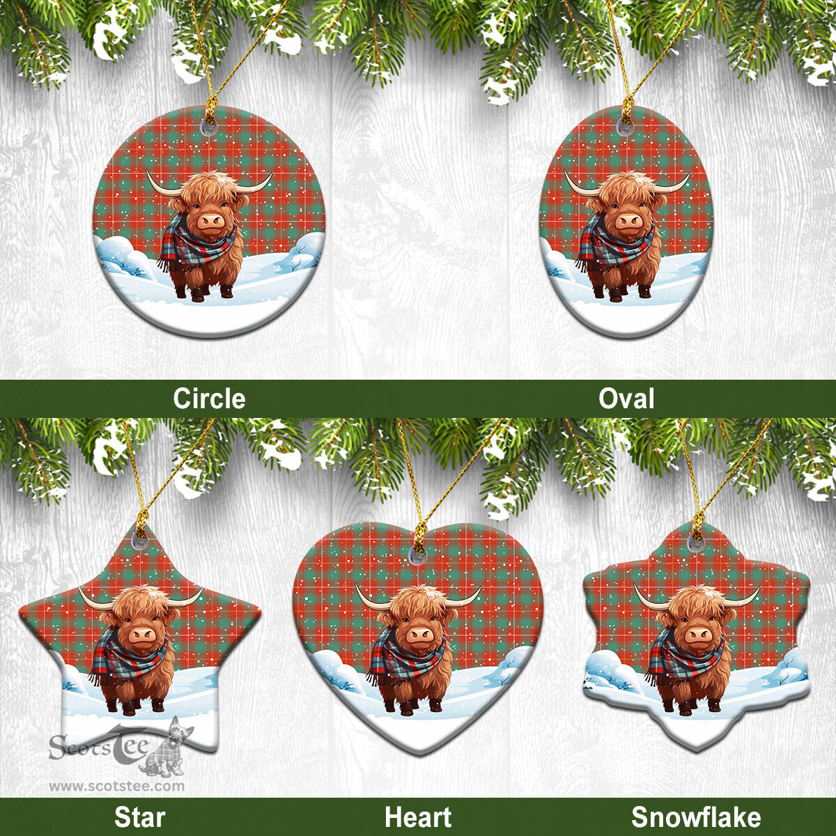 Scottish McFie Ancient Tartan Christmas Ceramic Ornament - Highland Cows Snow Style - Tartan Christmas Ornaments Scottish Plaid Tartan Plaid - ScotsTee - scotstee.com