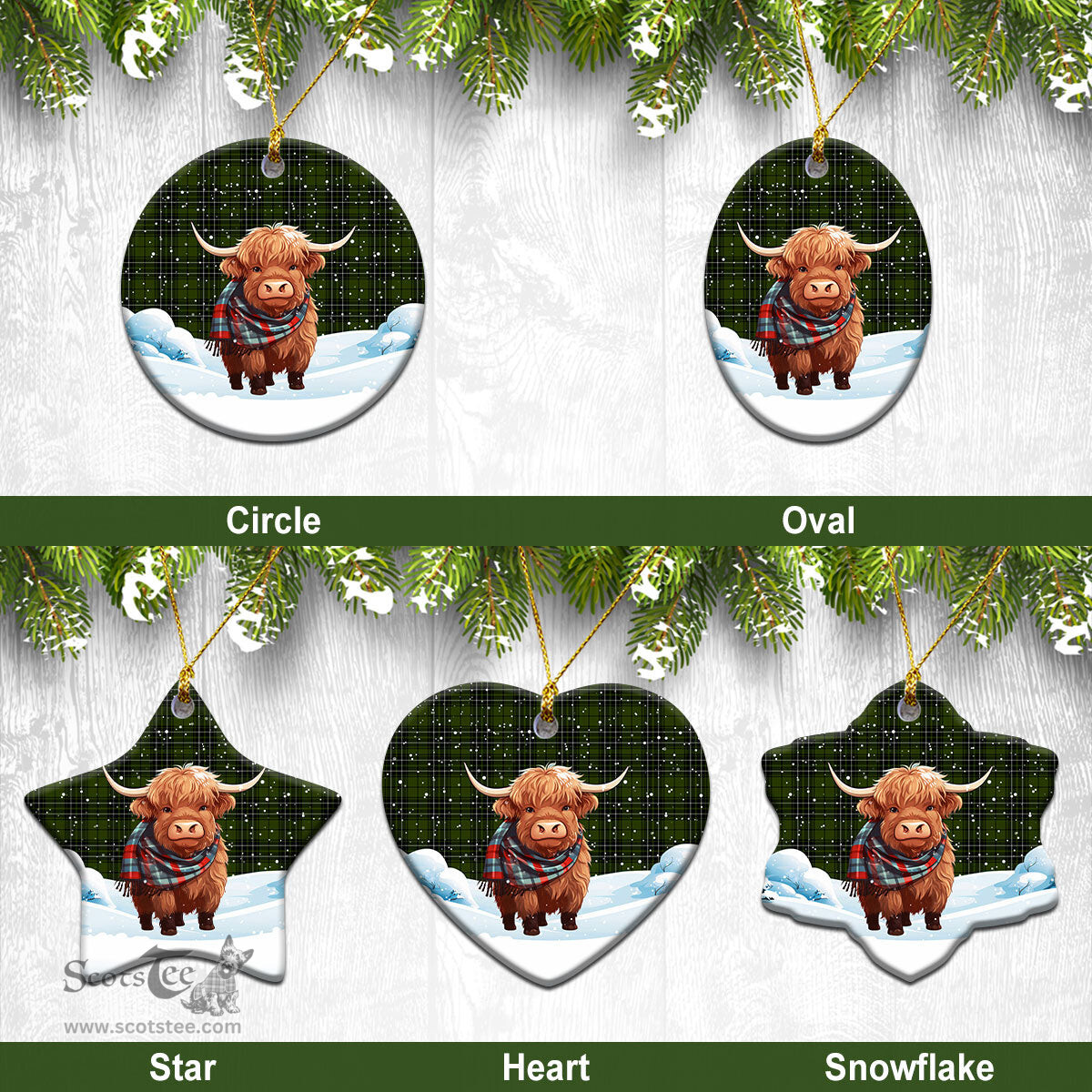 Scottish McLean Hunting Tartan Christmas Ceramic Ornament - Highland Cows Snow Style - Tartan Christmas Ornaments Scottish Plaid Tartan Plaid - ScotsTee - scotstee.com