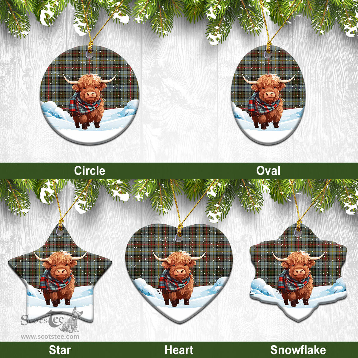 Scottish McLeod of Harris Weathered Tartan Christmas Ceramic Ornament - Highland Cows Snow Style - Tartan Christmas Ornaments Scottish Plaid Tartan Plaid - ScotsTee - scotstee.com