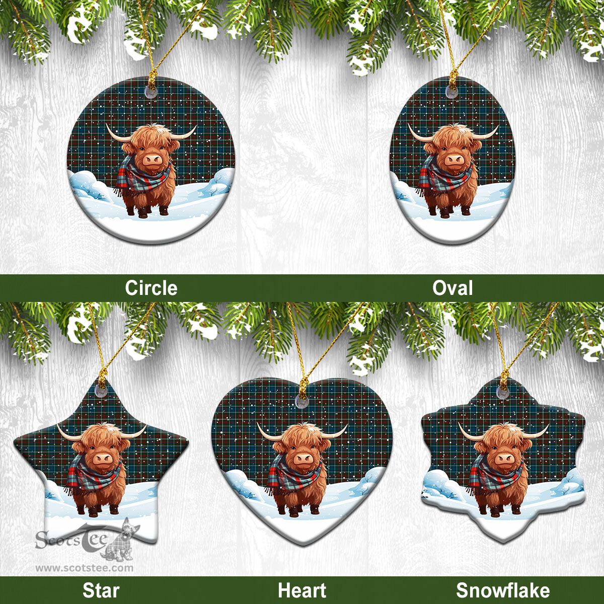 Scottish McConnell Tartan Christmas Ceramic Ornament - Highland Cows Snow Style - Tartan Christmas Ornaments Scottish Plaid Tartan Plaid - ScotsTee - scotstee.com