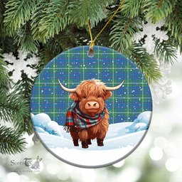 Scottish MacIntyre Hunting Ancient Tartan Christmas Ceramic Ornament - Highland Cows Snow Style - Tartan Christmas Ornaments Scottish Plaid Tartan Plaid - ScotsTee - scotstee.com