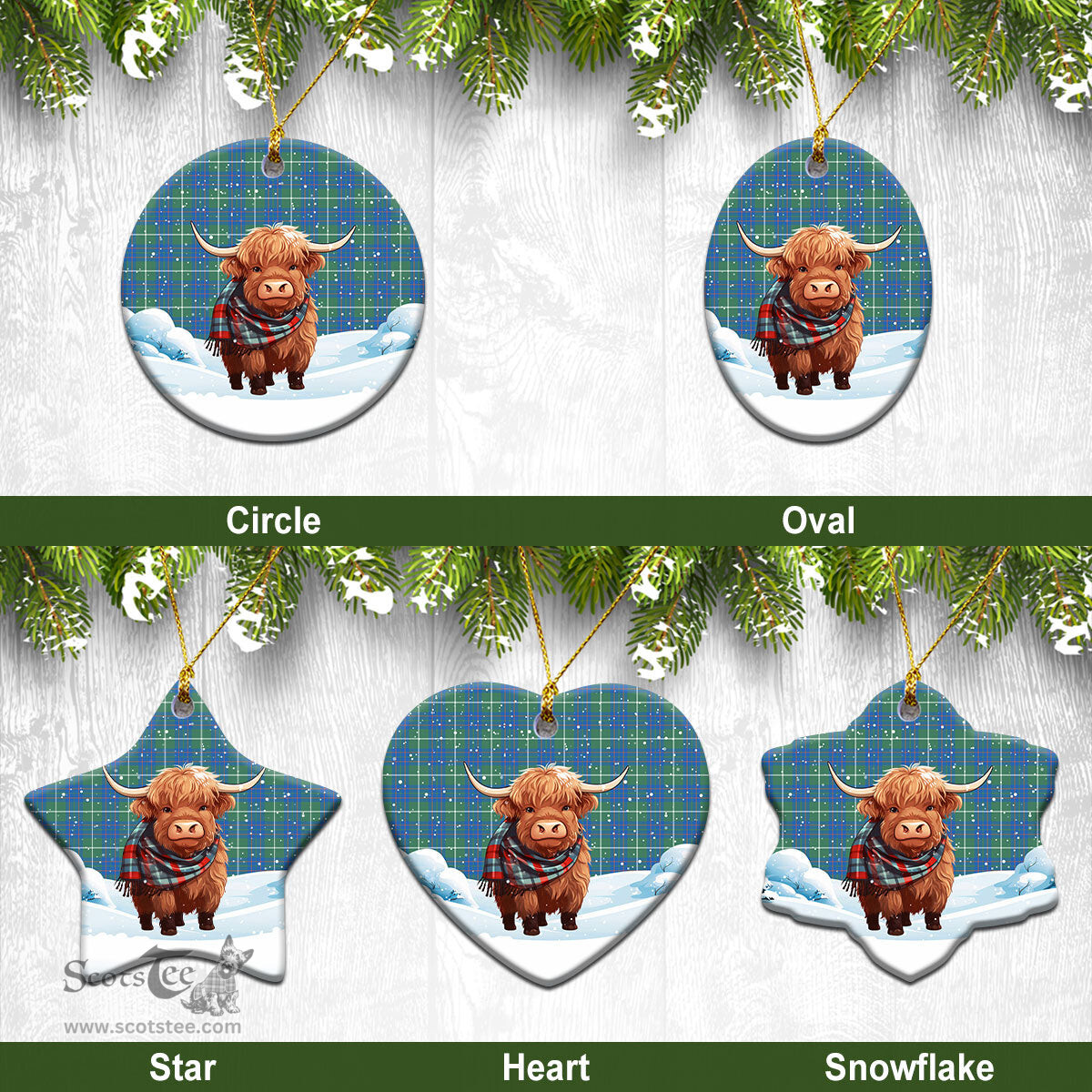 Scottish McIntyre Hunting Ancient Tartan Christmas Ceramic Ornament - Highland Cows Snow Style - Tartan Christmas Ornaments Scottish Plaid Tartan Plaid - ScotsTee - scotstee.com