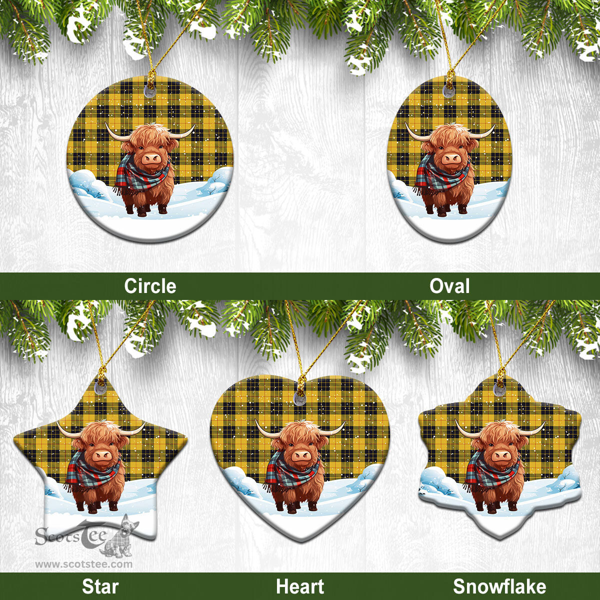 Scottish MacLeod of Lewis Ancient Tartan Christmas Ceramic Ornament - Highland Cows Snow Style - Tartan Christmas Ornaments Scottish Plaid Tartan Plaid - ScotsTee - scotstee.com