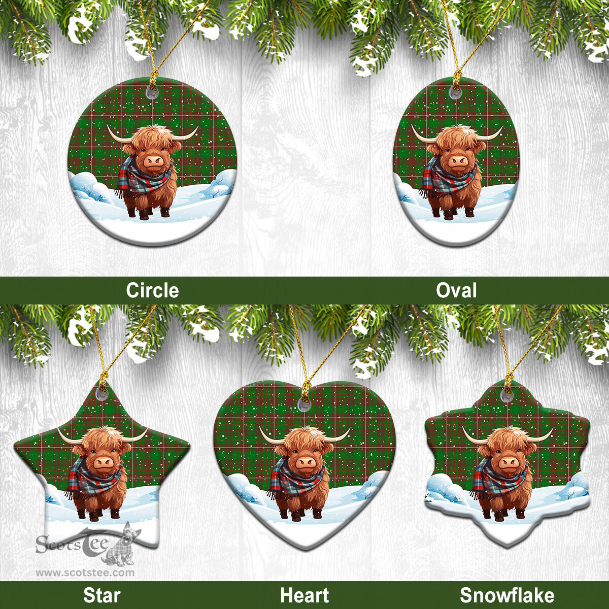 Scottish MacKinnon Hunting Modern Tartan Christmas Ceramic Ornament - Highland Cows Snow Style - Tartan Christmas Ornaments Scottish Plaid Tartan Plaid - ScotsTee - scotstee.com