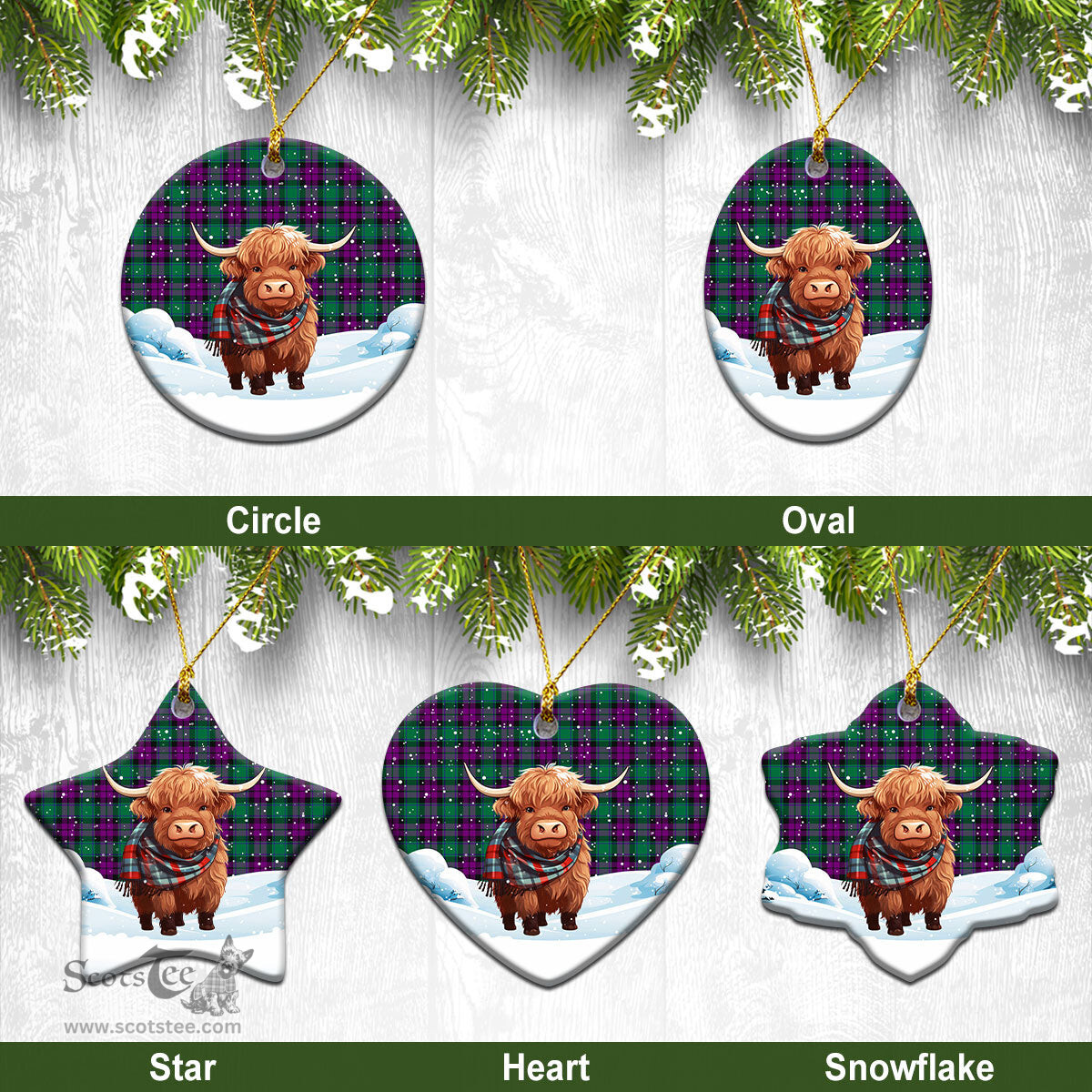 Scottish MacArthur – Milton Tartan Christmas Ceramic Ornament - Highland Cows Snow Style - Tartan Christmas Ornaments Scottish Plaid Tartan Plaid - ScotsTee - scotstee.com