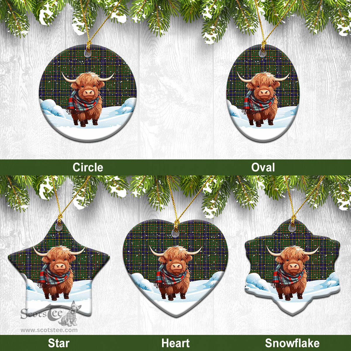 Scottish MacMillan Hunting Modern Tartan Christmas Ceramic Ornament - Highland Cows Snow Style - Tartan Christmas Ornaments Scottish Plaid Tartan Plaid - ScotsTee - scotstee.com