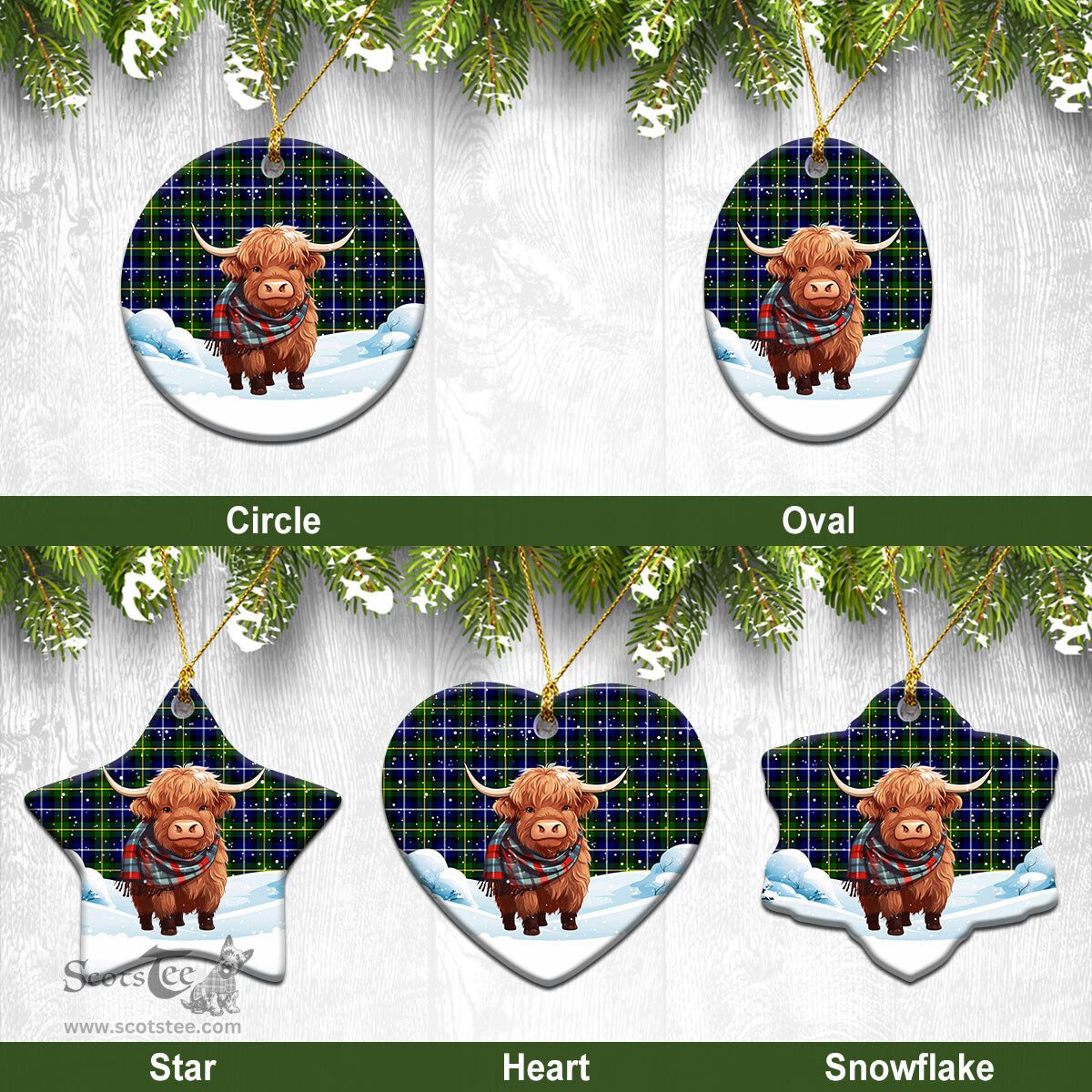 Scottish MacNeil of Barra Modern Tartan Christmas Ceramic Ornament - Highland Cows Snow Style - Tartan Christmas Ornaments Scottish Plaid Tartan Plaid - ScotsTee - scotstee.com