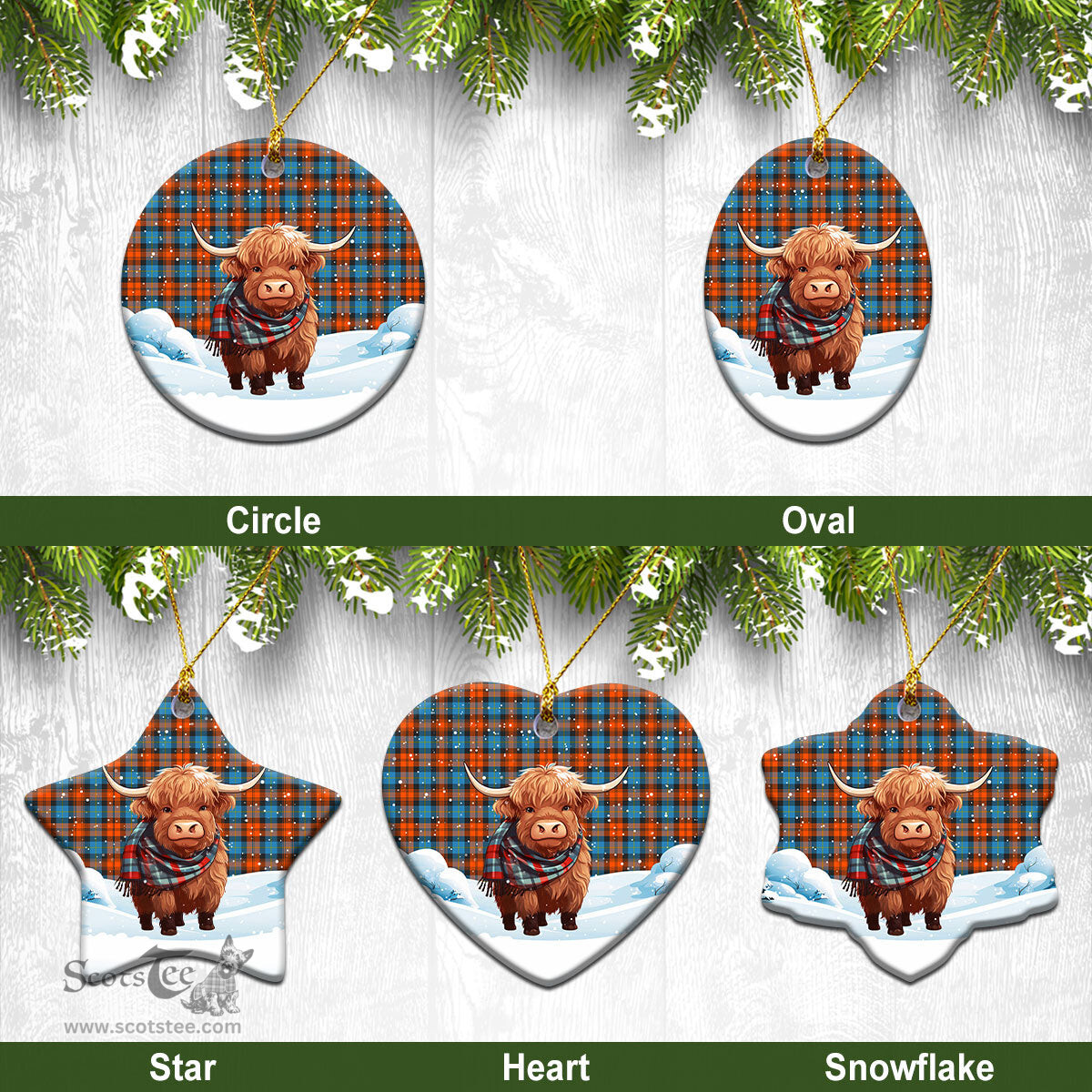 Scottish MacLachlan Ancient Tartan Christmas Ceramic Ornament - Highland Cows Snow Style - Tartan Christmas Ornaments Scottish Plaid Tartan Plaid - ScotsTee - scotstee.com