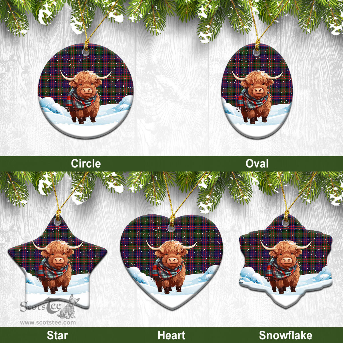 Scottish MacDonnell of Glengarry Modern Tartan Christmas Ceramic Ornament - Highland Cows Snow Style - Tartan Christmas Ornaments Scottish Plaid Tartan Plaid - ScotsTee - scotstee.com