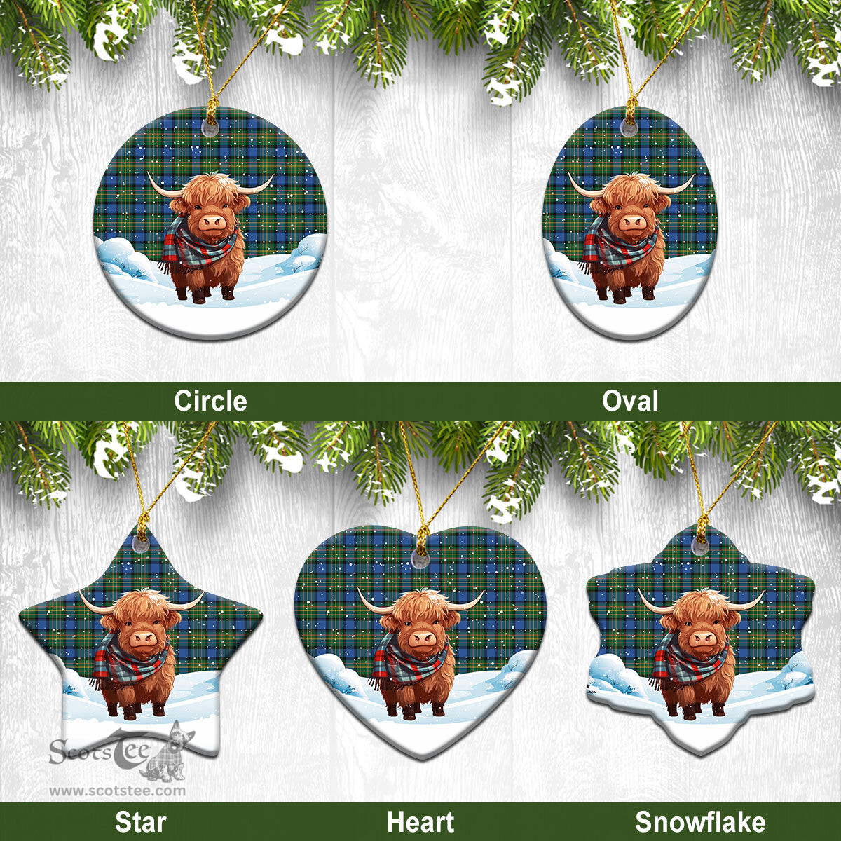 Scottish MacLaren Ancient Tartan Christmas Ceramic Ornament - Highland Cows Snow Style - Tartan Christmas Ornaments Scottish Plaid Tartan Plaid - ScotsTee - scotstee.com