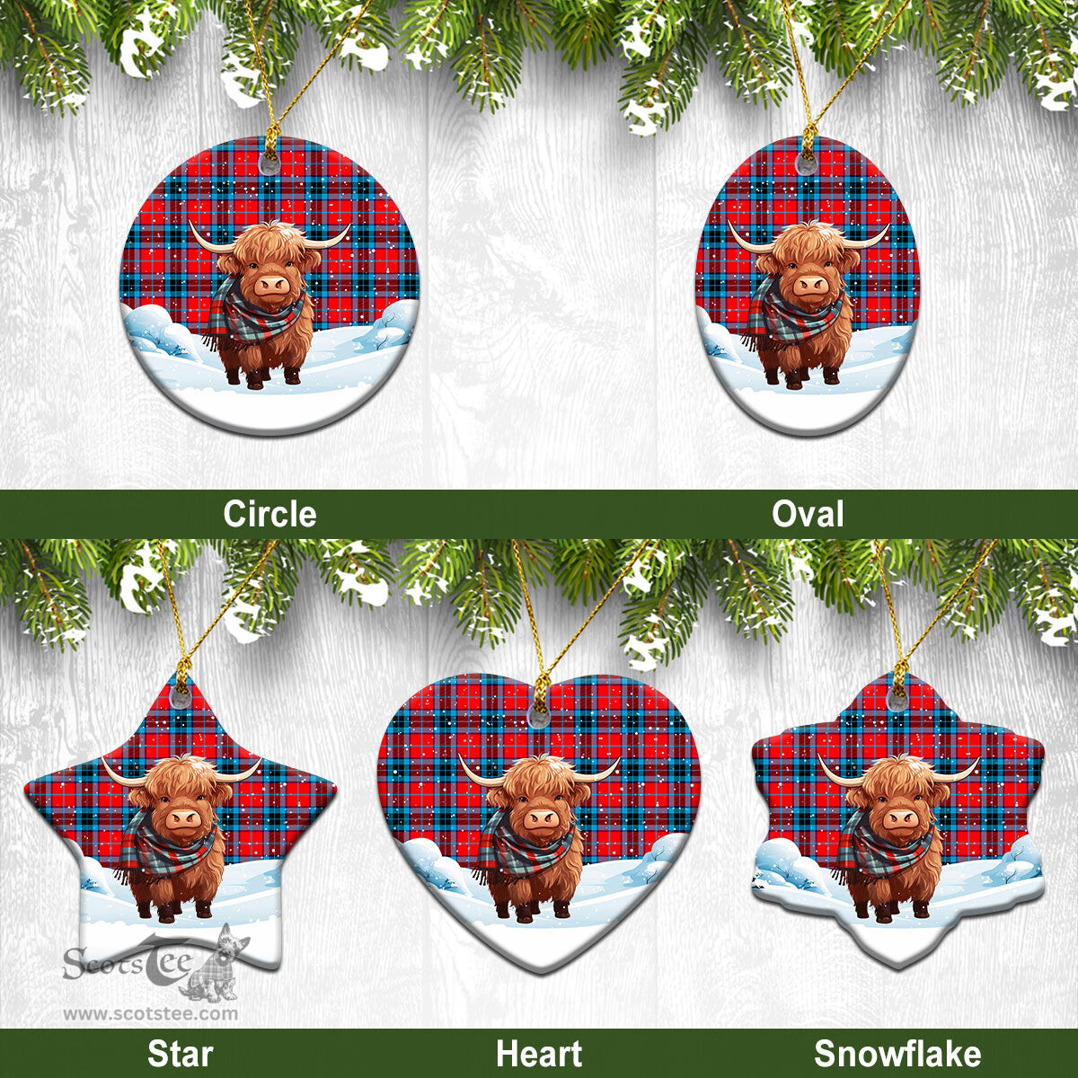 Scottish MacTavish Modern Tartan Christmas Ceramic Ornament - Highland Cows Snow Style - Tartan Christmas Ornaments Scottish Plaid Tartan Plaid - ScotsTee - scotstee.com