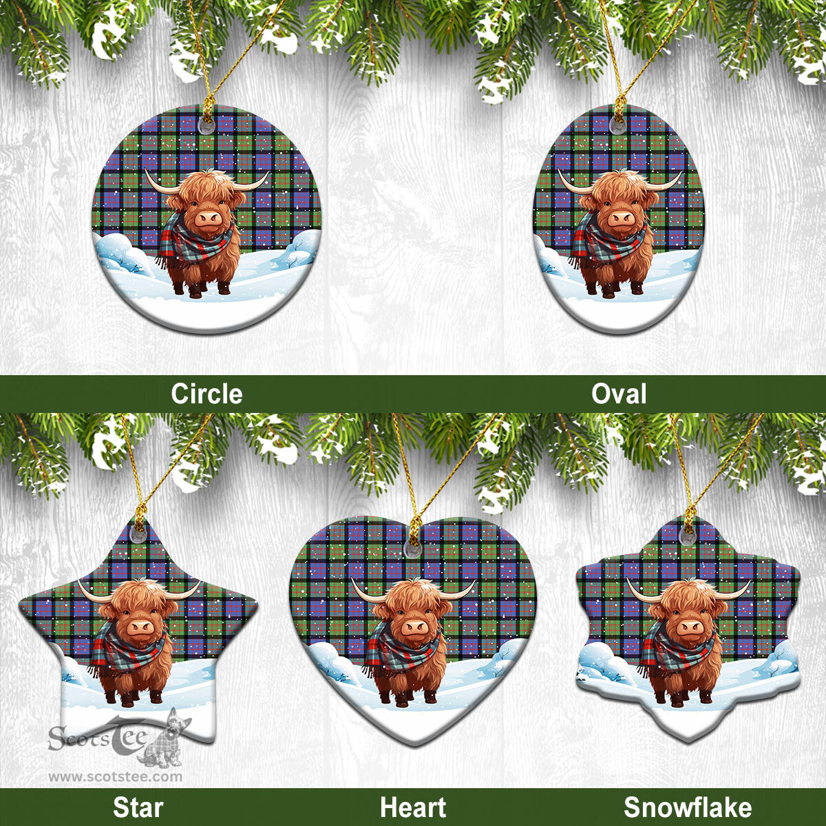 Scottish MacDonald Ancient Tartan Christmas Ceramic Ornament - Highland Cows Snow Style - Tartan Christmas Ornaments Scottish Plaid Tartan Plaid - ScotsTee - scotstee.com