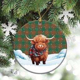 Scottish Menzies Green Ancient Tartan Christmas Ceramic Ornament - Highland Cows Snow Style - Tartan Christmas Ornaments Scottish Plaid Tartan Plaid - ScotsTee - scotstee.com