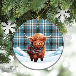 Scottish Thomson Blue Tartan Christmas Ceramic Ornament - Highland Cows Snow Style - Tartan Christmas Ornaments Scottish Plaid Tartan Plaid - ScotsTee - scotstee.com
