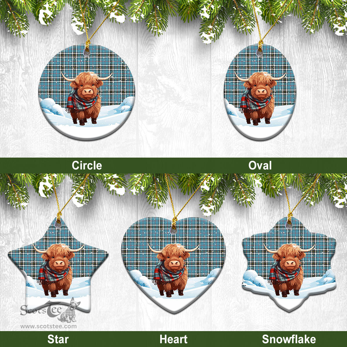 Scottish Thomson Blue Tartan Christmas Ceramic Ornament - Highland Cows Snow Style - Tartan Christmas Ornaments Scottish Plaid Tartan Plaid - ScotsTee - scotstee.com
