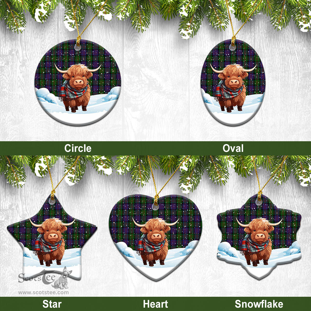 Scottish MacDonald Tartan Christmas Ceramic Ornament - Highland Cows Snow Style - Tartan Christmas Ornaments Scottish Plaid Tartan Plaid - ScotsTee - scotstee.com