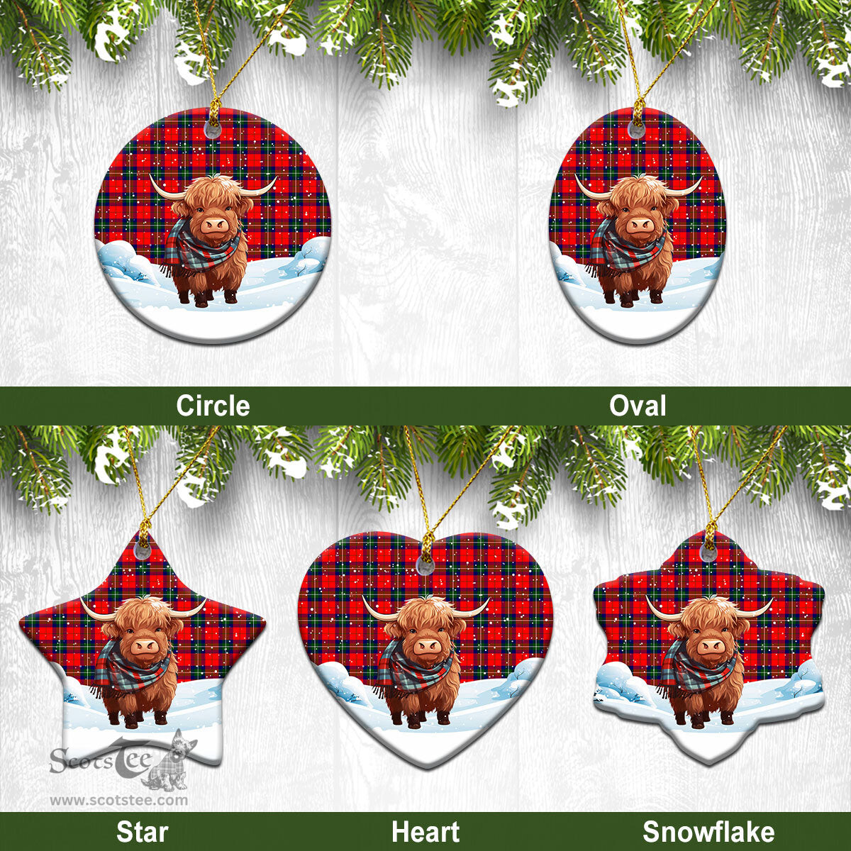 Scottish Ruthven Modern Tartan Christmas Ceramic Ornament - Highland Cows Snow Style - Tartan Christmas Ornaments Scottish Plaid Tartan Plaid - ScotsTee - scotstee.com