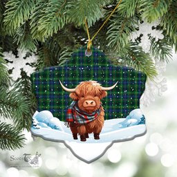 Scottish Stewart Hunting Modern Tartan Christmas Ceramic Ornament - Highland Cows Snow Style - Tartan Christmas Ornaments Scottish Plaid Tartan Plaid - ScotsTee - scotstee.com