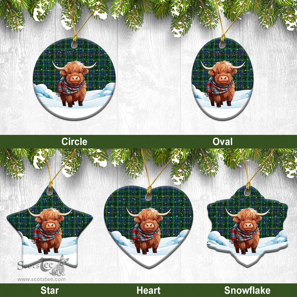 Scottish Stewart Hunting Modern Tartan Christmas Ceramic Ornament - Highland Cows Snow Style - Tartan Christmas Ornaments Scottish Plaid Tartan Plaid - ScotsTee - scotstee.com