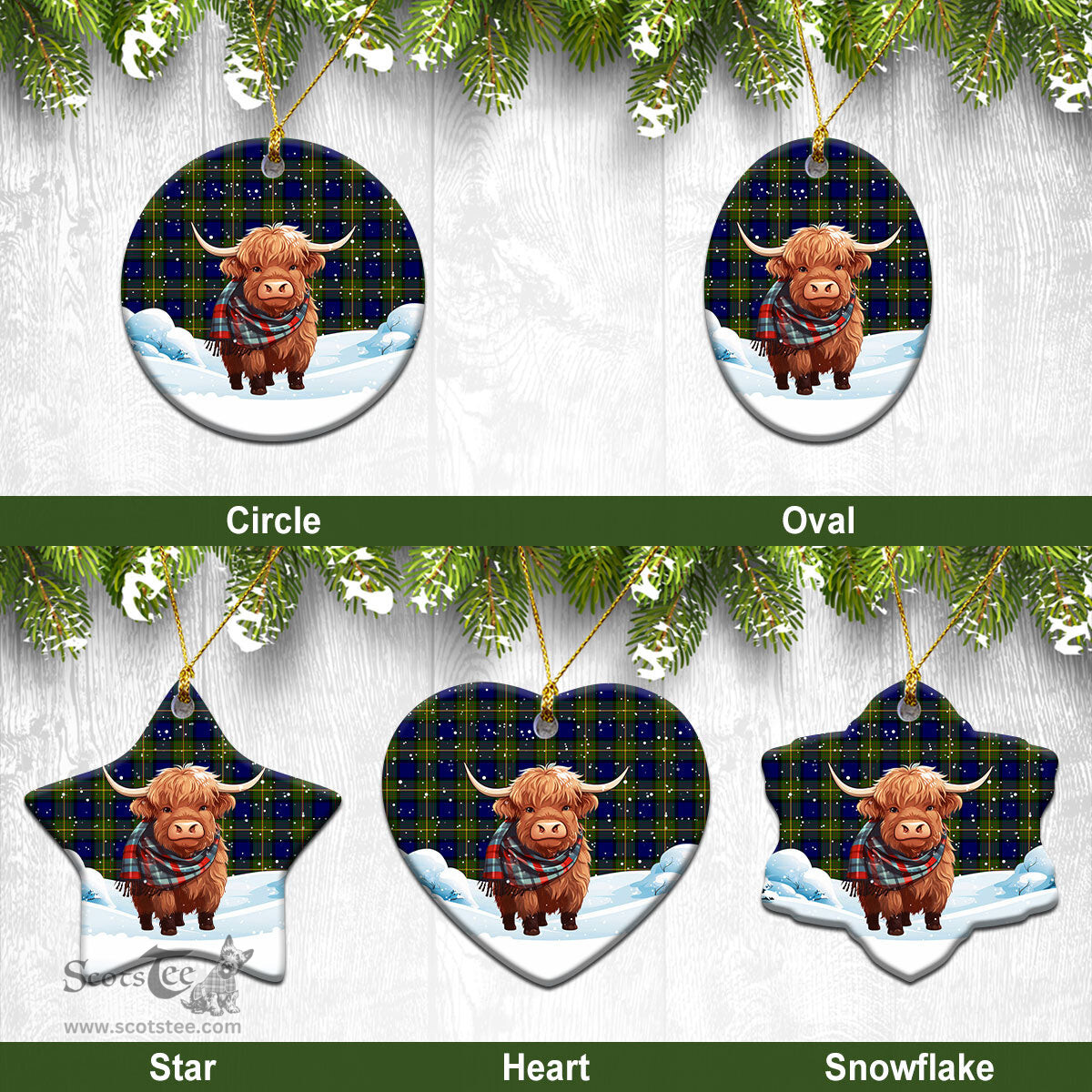 Scottish Muir Tartan Christmas Ceramic Ornament - Highland Cows Snow Style - Tartan Christmas Ornaments Scottish Plaid Tartan Plaid - ScotsTee - scotstee.com