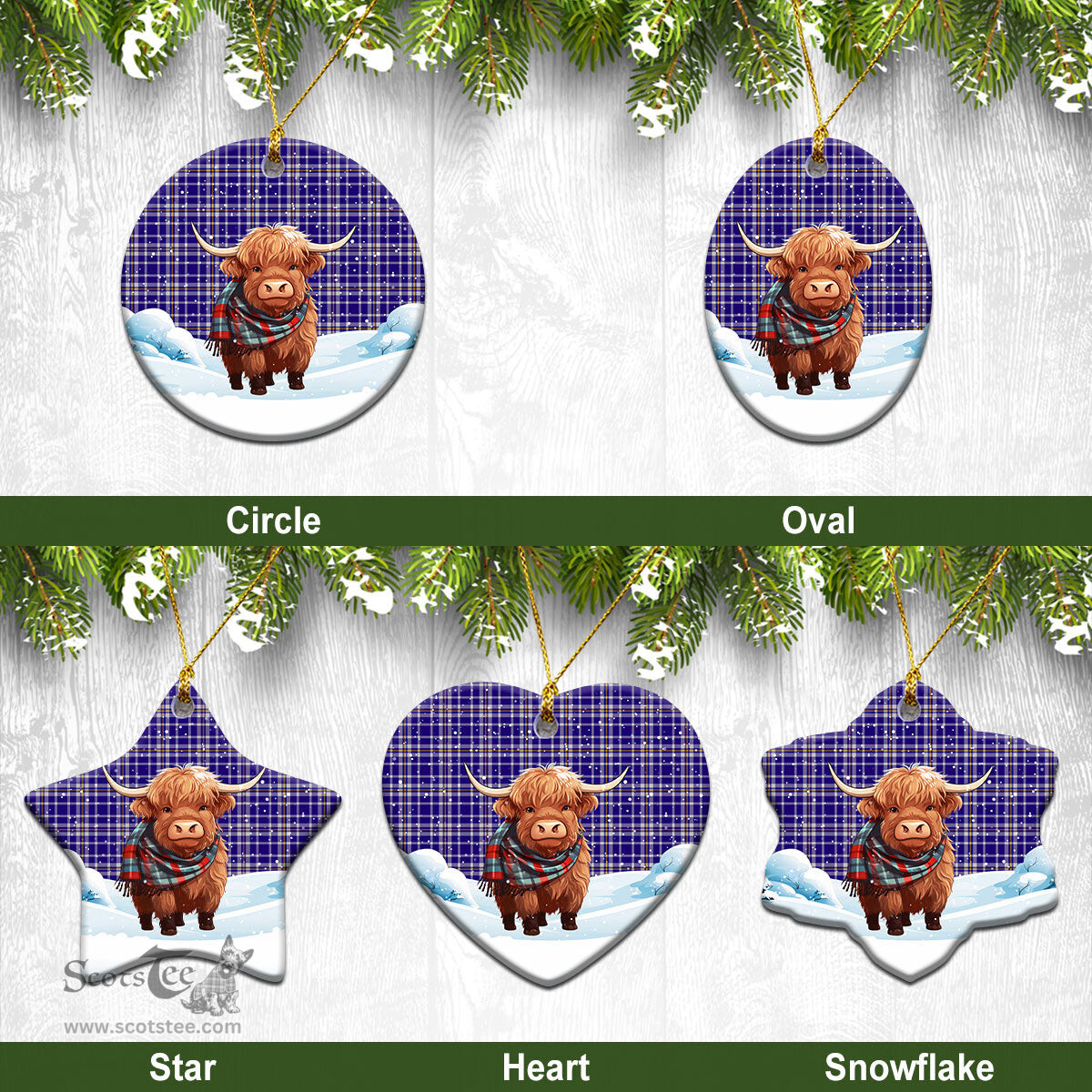Scottish Ochterlony Tartan Christmas Ceramic Ornament - Highland Cows Snow Style - Tartan Christmas Ornaments Scottish Plaid Tartan Plaid - ScotsTee - scotstee.com