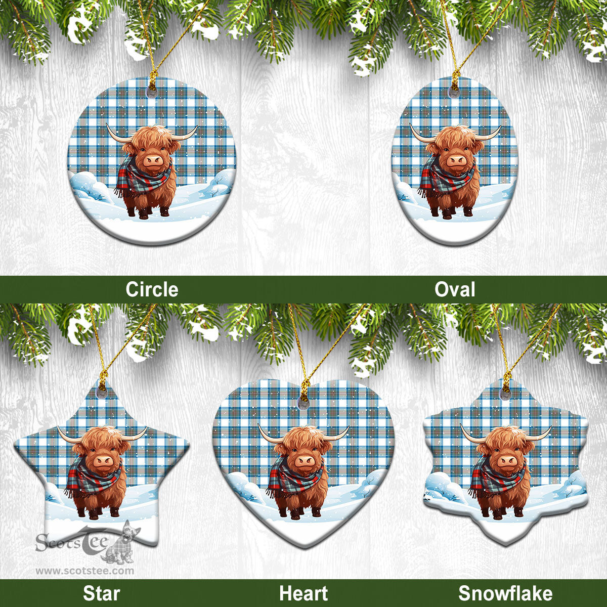 Scottish Stewart Muted Blue Tartan Christmas Ceramic Ornament - Highland Cows Snow Style - Tartan Christmas Ornaments Scottish Plaid Tartan Plaid - ScotsTee - scotstee.com