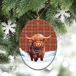 Scottish Morrison Red Ancient Tartan Christmas Ceramic Ornament - Highland Cows Snow Style - Tartan Christmas Ornaments Scottish Plaid Tartan Plaid - ScotsTee - scotstee.com