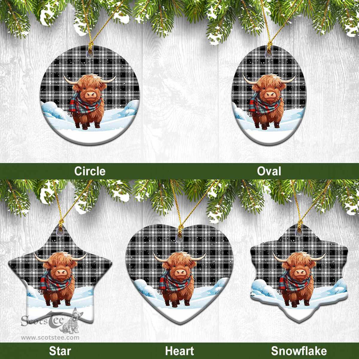 Scottish Menzies Black - White Modern Tartan Christmas Ceramic Ornament - Highland Cows Snow Style - Tartan Christmas Ornaments Scottish Plaid Tartan Plaid - ScotsTee - scotstee.com
