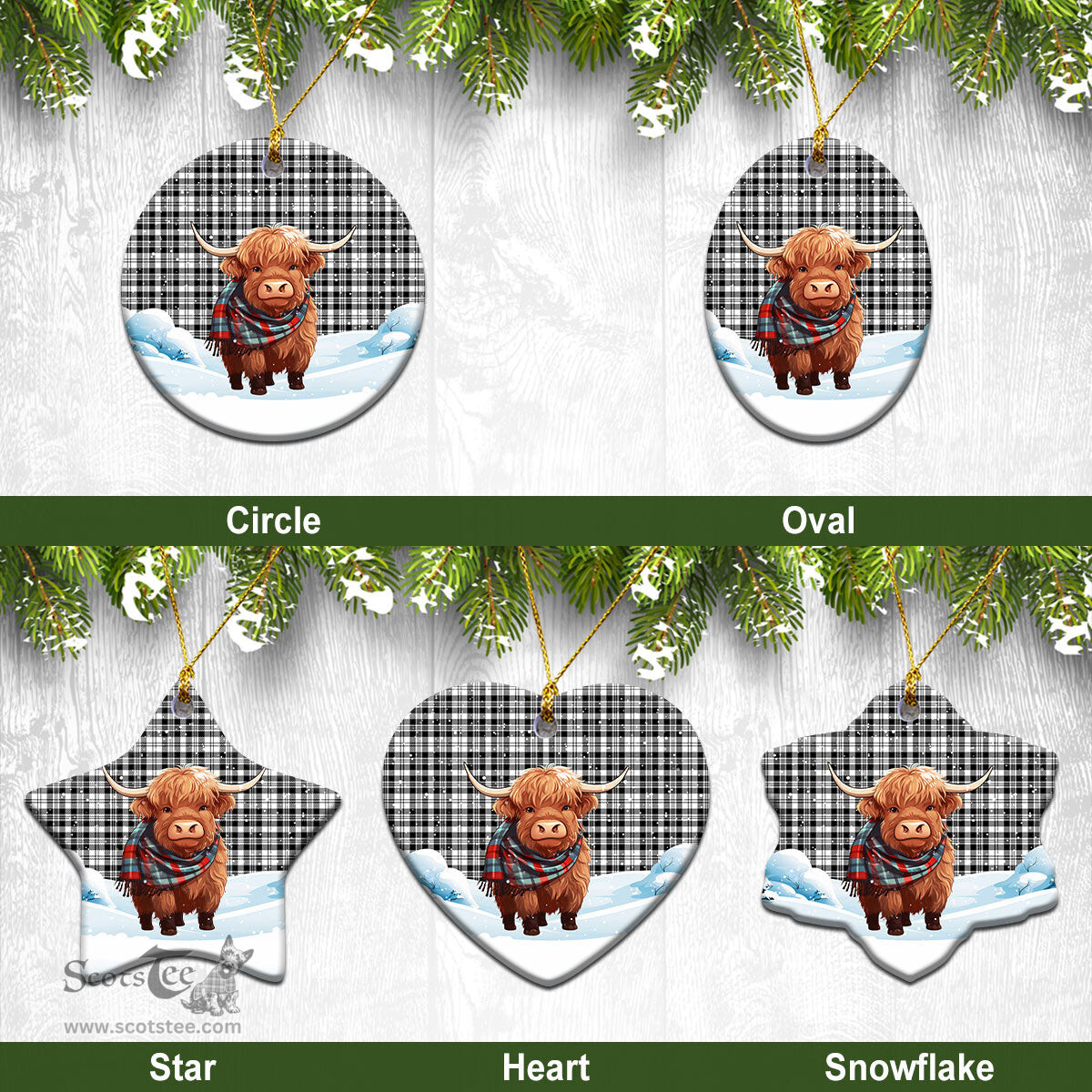 Scottish Scott Black & White Modern Tartan Christmas Ceramic Ornament - Highland Cows Snow Style - Tartan Christmas Ornaments Scottish Plaid Tartan Plaid - ScotsTee - scotstee.com