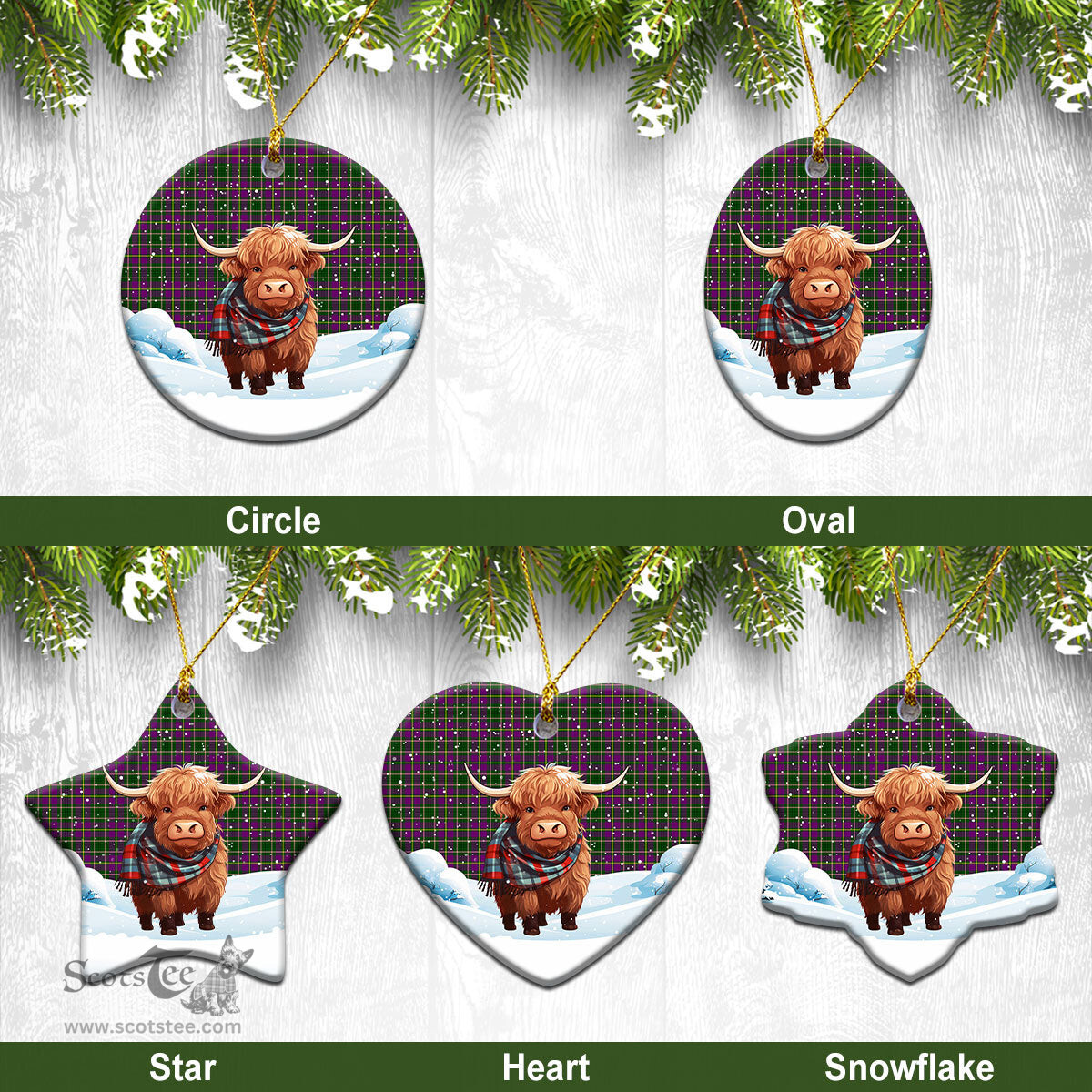 Scottish Tailyour (or Taylor) Tartan Christmas Ceramic Ornament - Highland Cows Snow Style - Tartan Christmas Ornaments Scottish Plaid Tartan Plaid - ScotsTee - scotstee.com