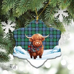 Scottish Morrison Ancient Tartan Christmas Ceramic Ornament - Highland Cows Snow Style - Tartan Christmas Ornaments Scottish Plaid Tartan Plaid - ScotsTee - scotstee.com