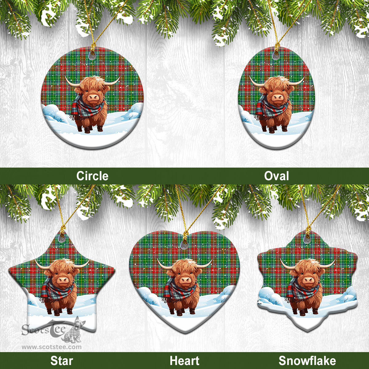 Scottish Muirhead Tartan Christmas Ceramic Ornament - Highland Cows Snow Style - Tartan Christmas Ornaments Scottish Plaid Tartan Plaid - ScotsTee - scotstee.com